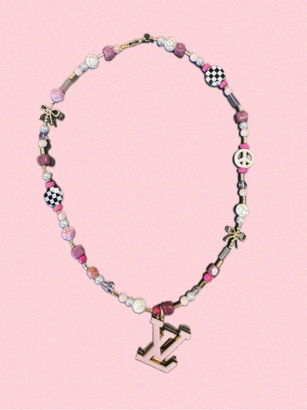 Pink Multicolor Beaded Necklace with Gold And Pink Mono Pendant